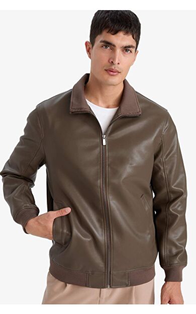 Slım Fıt Dar Kesim Dik Yaka Astarlı Fermuarlı Suni Deri Mont