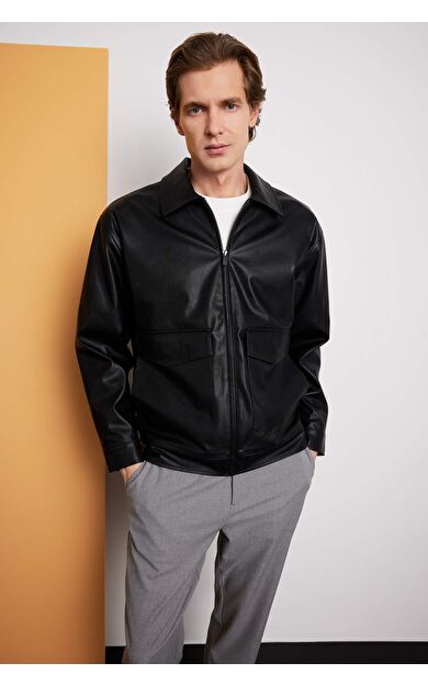 Slim Fit Dar Kesim Polo Yaka Astarlı Fermuarlı Suni Deri Mont