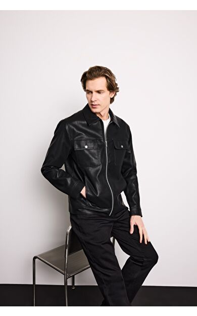 DeFacto Slim Fit Astarlı Fermuarlı Suni Deri Mont