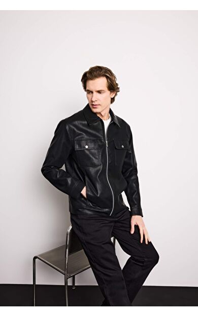 Slim Fit Astarlı Fermuarlı Suni Deri Mont