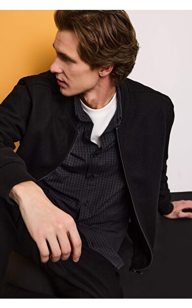 Regular Fit Kolej Yaka Bomber Astarlı Fermuarlı Kaşe Mont