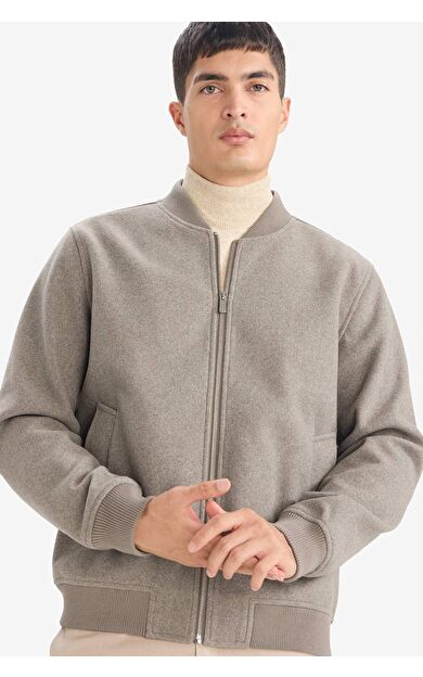 Regular Fit Kolej Yaka Bomber Astarlı Fermuarlı Kaşe Mont