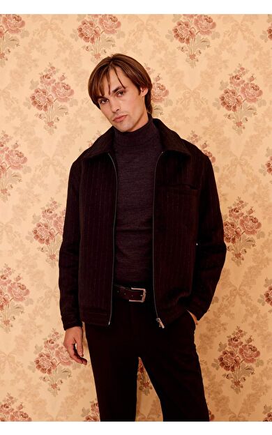 Regular Fit Polo Yaka Astarlı Fermuarlı Yün Mont