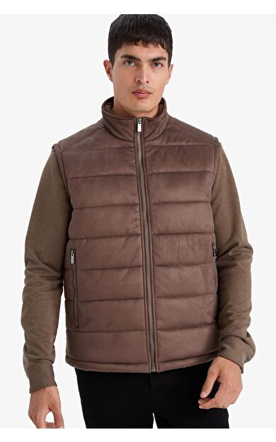 Slim Fit Dar Kesim Dik Yaka Astarlı Süet Yelek