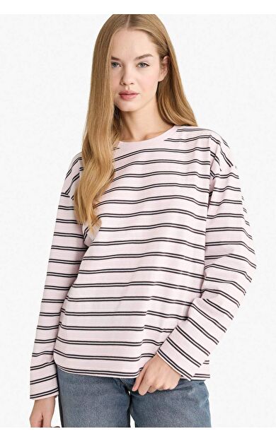 Loose Fit Bisiklet Yaka Çizgili Sweatshirt