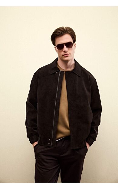 Relax Fit Polo Yaka Astarlı Fermuarlı Suni Deri Mont