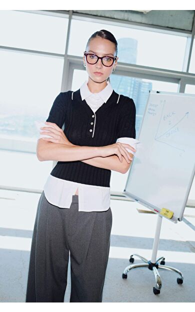 Fitted Polo Yaka Triko Kısa Kollu Kazak