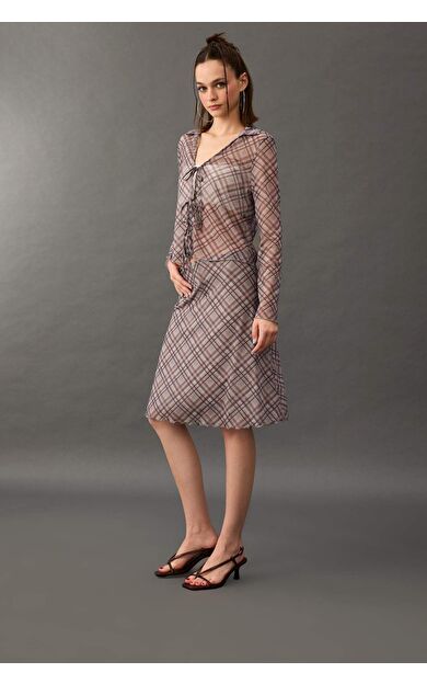 A Form Kareli Normal Bel Tül Midi Etek