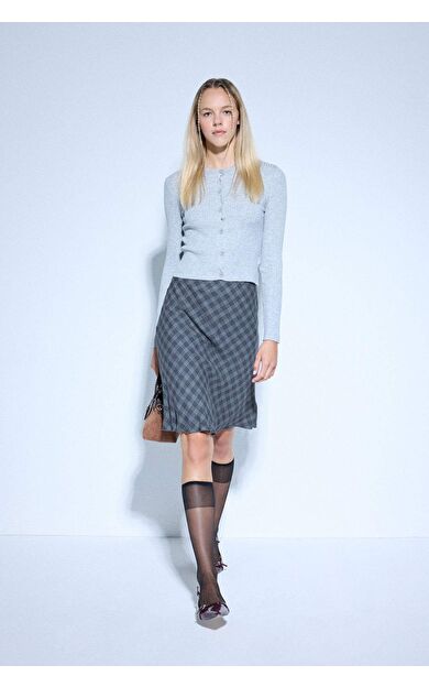 A Form Kareli Yüksek Bel Viskon Midi Etek