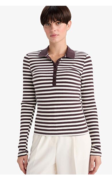 Slim Fit Dar Kesim Polo Yaka Çizgili Fitilli Kaşkorse Uzun Kollu Tişört