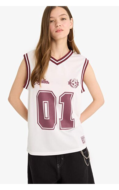 Coool Oversize Geniş Kalıp Baskılı V Yaka Forma Kumaşı Atlet