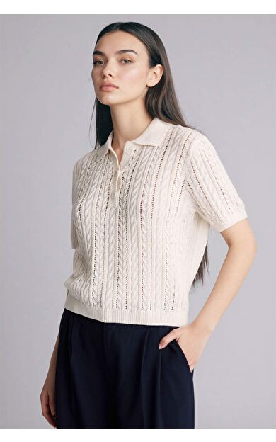 Regular Fıt Polo Yaka Ajurlu Triko Kazak