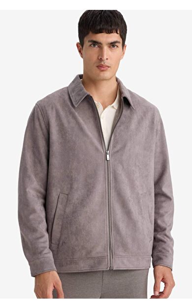 Regular Fıt Polo Yaka Astarlı Fermuarlı Süet Mont