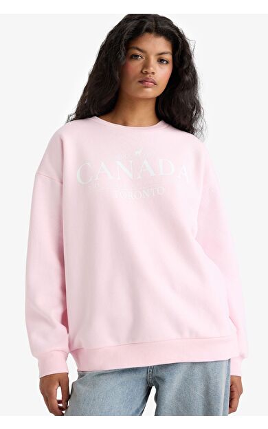 DeFacto Oversize Geniş Kalıp Bisiklet Yaka Baskılı Kalın Sweatshirt Kumaşı Sweatshirt