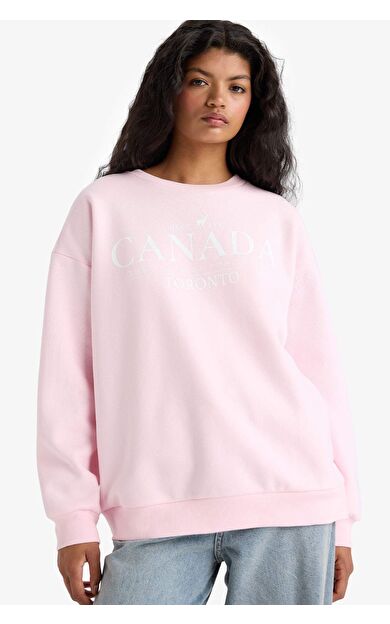 DeFacto Oversize Geniş Kalıp Bisiklet Yaka Baskılı Kalın Sweatshirt Kumaşı Sweatshirt
