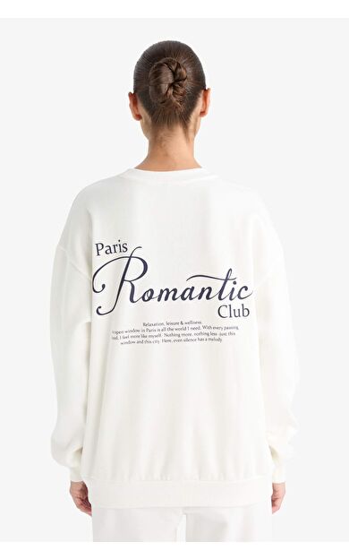 DeFacto Oversize Geniş Kalıp Bisiklet Yaka Slogan Baskılı Kalın Sweatshirt Kumaşı Sweatshirt F7881AX25AUER105
