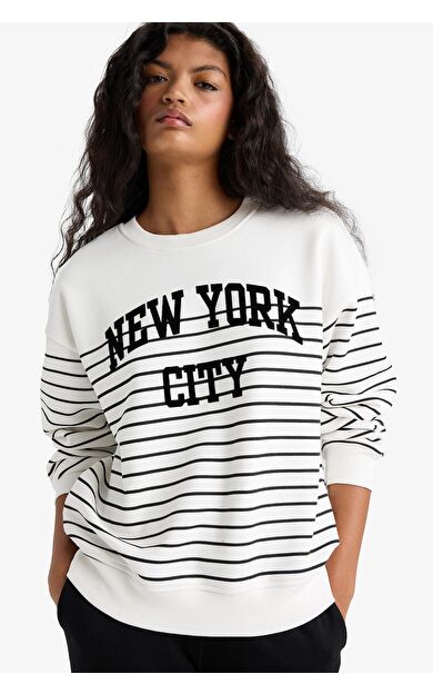 DeFacto Relax Fit Bisiklet Yaka Çizgili Kalın Sweatshirt Kumaşı Sweatshirt