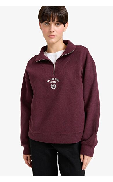 DeFacto Regular Fit Yarım Fermuarlı Slogan Baskılı Sweatshirt