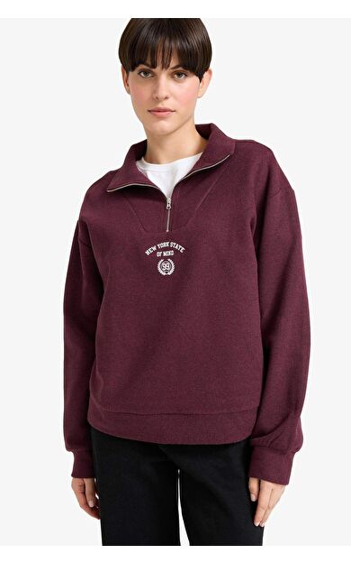 Regular Fit Yarım Fermuarlı Slogan Baskılı Sweatshirt