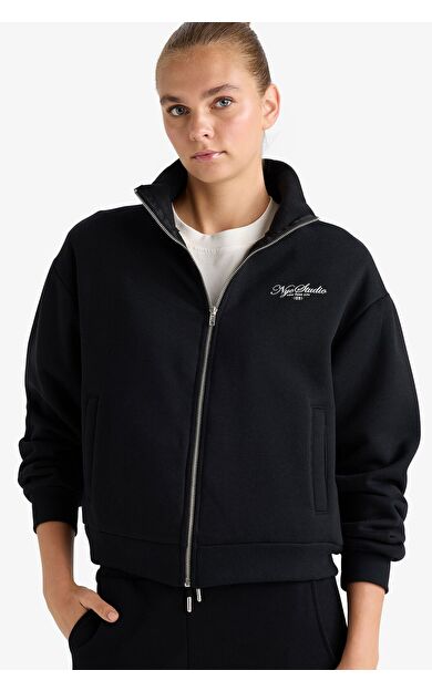 DeFacto Relax Fit Yarım Balıkçı Yaka Baskılı Kalın Sweatshirt Kumaşı Hırka