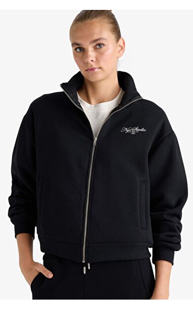 DeFacto Relax Fit Yarım Balıkçı Yaka Baskılı Kalın Sweatshirt Kumaşı Hırka