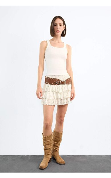 Beli Lastikli Çiçek Desenli Volanlı Mini Etek