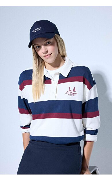 DeFacto Oversize Geniş Kalıp Polo Yaka Çizgili Baskılı Sweatshirt