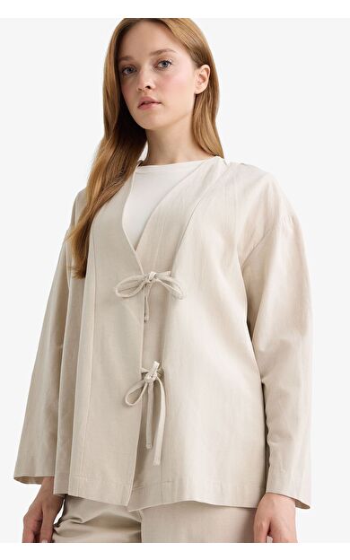 DeFacto Regular Fit V Yaka Keten Karışımlı Kimono