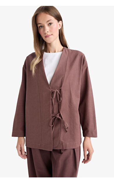 DeFacto Regular Fit V Yaka Keten Karışımlı Kimono