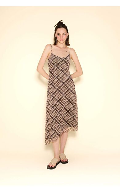 Coool V Yaka Kareli Tül Askılı Midi Elbise