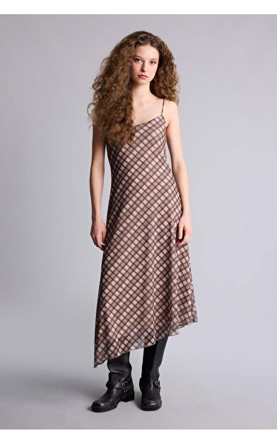 DeFacto V Yaka Kareli Tül Askılı Midi Elbise