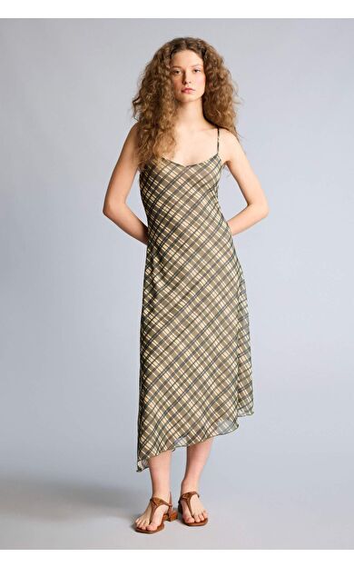 DeFacto V Yaka Kareli Tül Askılı Midi Elbise