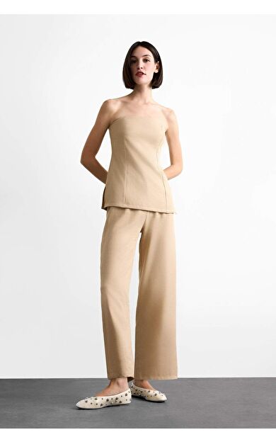 DeFacto Fermuarlı Yüksek Bel Kısa Paça Bilek Boy Keten Karışımlı Pantolon