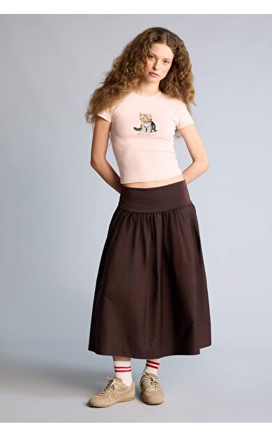 A Kesim Yüksek Bel Poplin Midi Etek