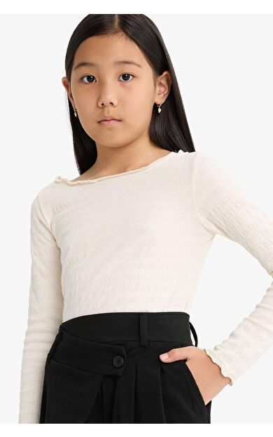 Kız Çocuk Fitted Bisiklet Yaka Bürümcük Uzun Kollu Tişört