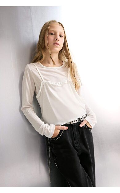 Kız Çocuk Fitted Bisiklet Yaka Uzun Kollu Tişört