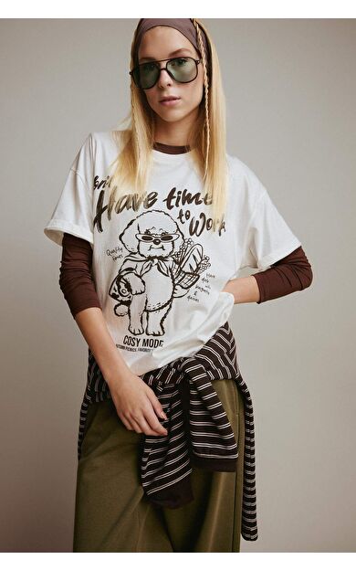 Coool Oversize Geniş Kalıp Bisiklet Yaka Baskılı Kısa Kollu Tişört F8005AX25AUWT32