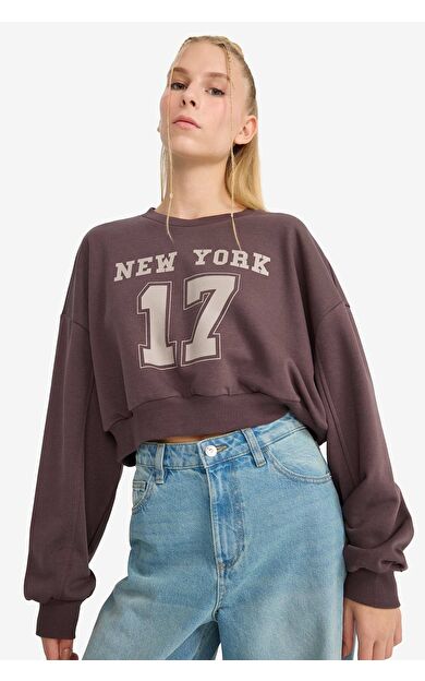 DeFacto Coool Crop Bisiklet Yaka Baskılı Kalın Sweatshirt