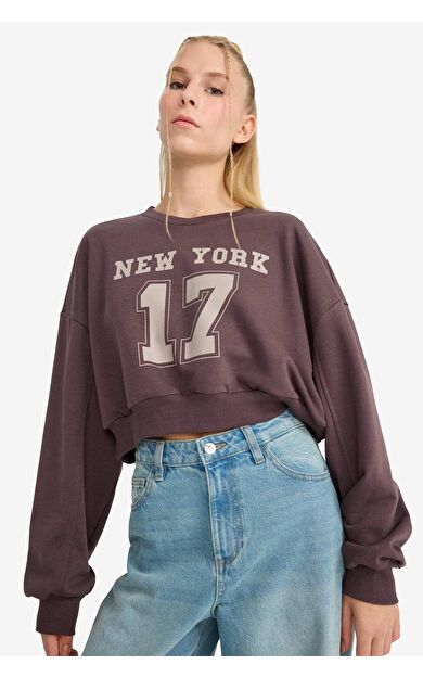 DeFacto Coool Crop Bisiklet Yaka Baskılı Kalın Sweatshirt