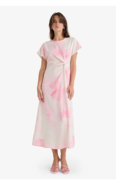 Bisiklet Yaka Batik Saten Kısa Kollu Midi Elbise