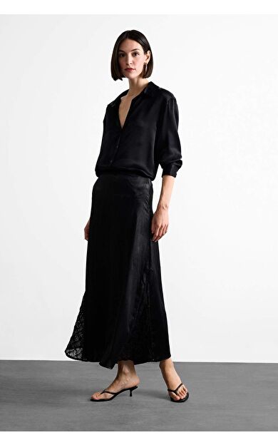 DeFacto Saten Dantel Detalı Midi Etek