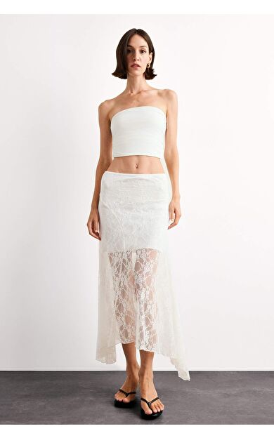 Beli Lastikli Yarım Astar Dantel Midi Etek