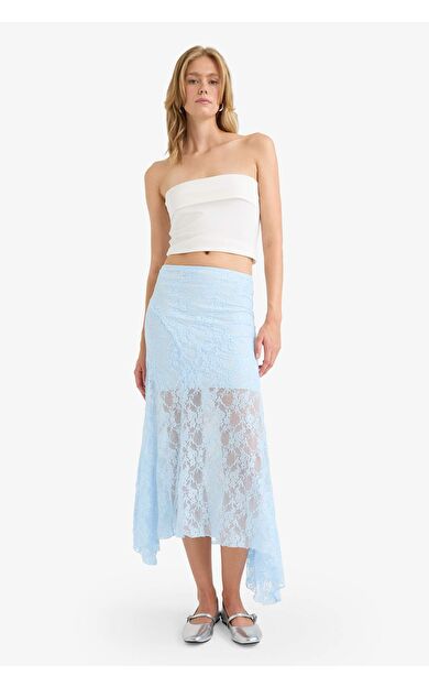 Beli Lastikli Yarım Astar Dantel Midi Etek