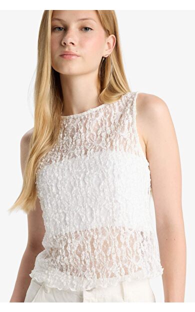 Fitted Bisiklet Yaka Kolsuz Dantel Bluz