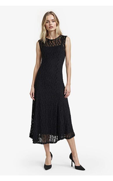 Fitted Bisiklet Yaka Dantel Kısa Kollu Maxi Elbise