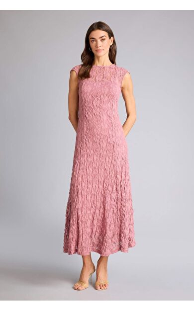 Fıtted Bisiklet Yaka Dantel Kısa Kollu Maxi Elbise