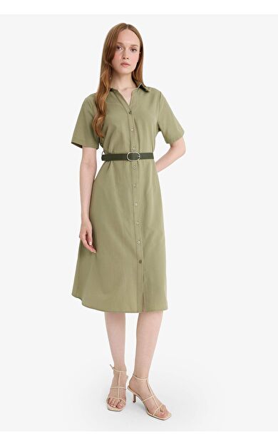 Gömlek Yaka Poplin Kısa Kollu Elbise