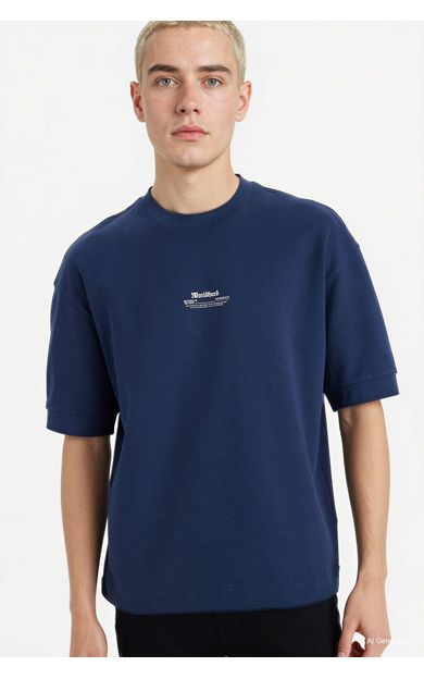 DeFacto Nefes Alabilen Loose Fit Baskılı Tişört Lacivert