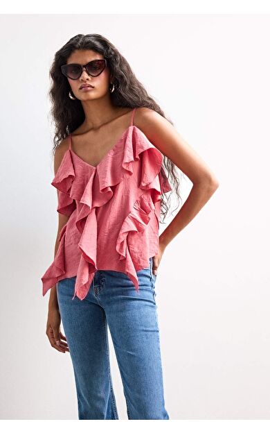 Regular Fit V Yaka Modal Volanlı İnce Askılı Bluz