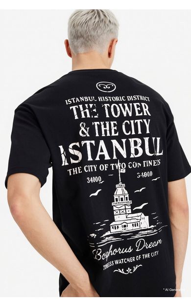 DeFacto %100 Pamuk Boxy Fit Baskılı Tişört Siyah F8164AX26SPBK81